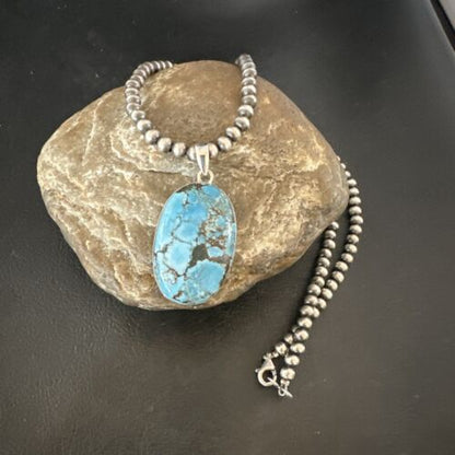 Navajo Blue Spiderweb Turquoise Pendant Necklace | Sterling Silver | Authentic Native American Handmade | 17019