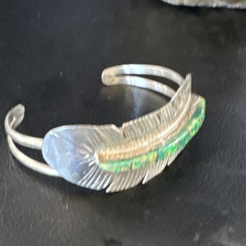 Navajo Green Fire Opal Inlay Bracelet | Sterling Silver | 7" | Authentic Native American Handmade | 15071