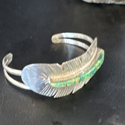Navajo Green Fire Opal Inlay Bracelet | Sterling Silver | 7" | Authentic Native American Handmade | 15071