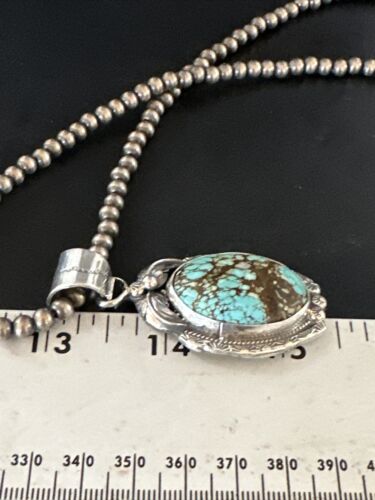 Navajo Pearls Sterling Silver Necklace with Blue Turquoise #8 Pendant | Authentic Native American Handmade | 14859