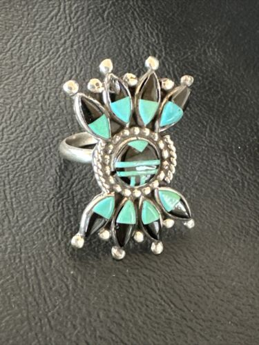 Zuni Blue Turquoise Black Onyx Sunface Inlay Ring | Sterling Silver | Sz 8 | 16432