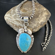 Navajo Kingman Turquoise Pendant Necklace | Sterling Silver Pearls | Authentic Native American Handmade | 15210