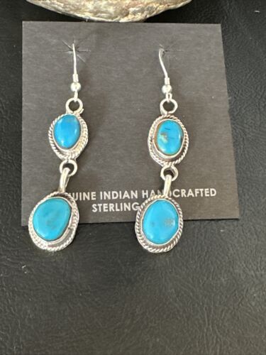 Kingman Turquoise Dangle Earrings | Navajo Handmade | Sterling Silver | Authentic Native American | 14864