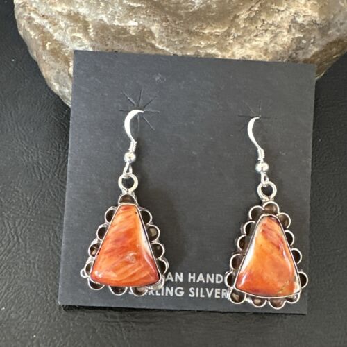 Navajo Orange Spiny Oyster Dangle Earrings | Sterling Silver | Authentic Native American Handmade | 17265