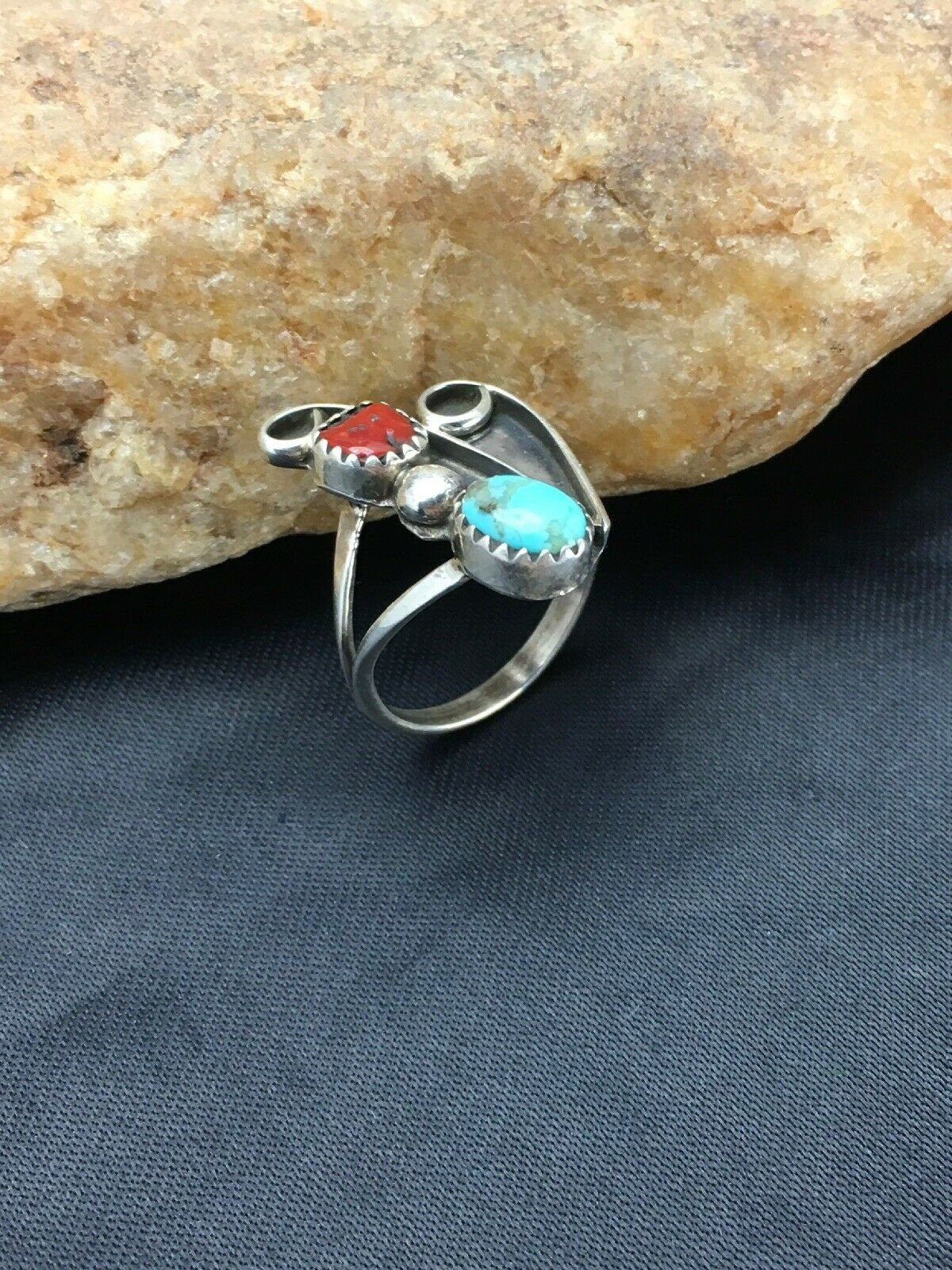 Navajo Blue Turquoise Coral Ring | Authentic Native American Sterling Silver | Multi-Stone | Sz 6.5 | 2780
