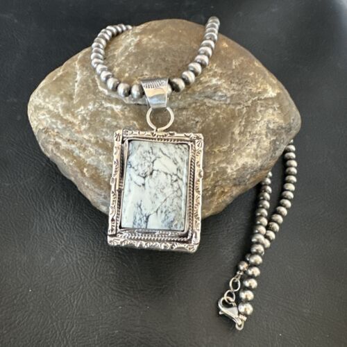 White Buffalo Turquoise Pendant | Navajo Pearls Sterling Silver Necklace | Authentic Native American Handmade | 17103