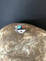 Zuni Pinky Coral Turquoise Onyx Mother of Pearl Inlay Ring | Sz 3 | Sterling Silver | 14918