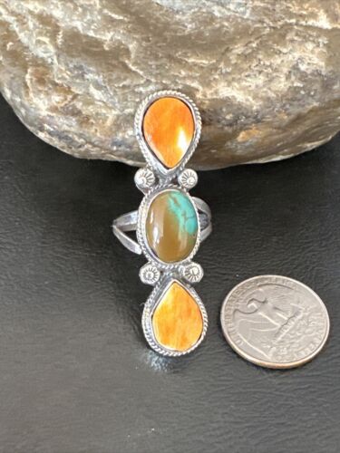 Navajo Green Turquoise Spiny Oyster Multi-Stone Ring | Authentic Native American Sterling Silver | Sz 11 | 16728