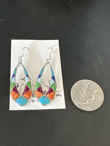 Southwestern Sterling Silver Multi-Color Turquoise Lapis Inlay Earrings | Authentic Native American Handmade | 14938 - Masha USA