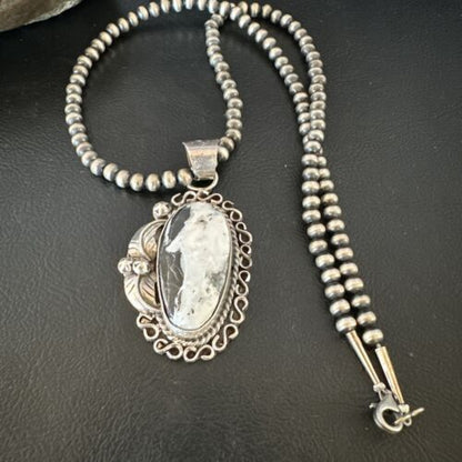 Navajo White Buffalo Turquoise Pendant Necklace | Sterling Silver | Authentic Native American Handmade | 15617