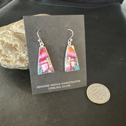 Navajo Blue Turquoise Purple Spiny Oyster Inlay Dangle Earrings | Sterling Silver | 15563