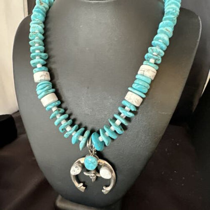 Navajo White Buffalo Blue Turquoise Naja Pendant | Sterling Silver Necklace | Authentic Native American Handmade | 15026
