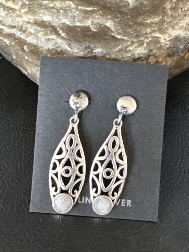 Navajo Pink Mother of Pearl Dangle Inlay Earrings | Sterling Silver | Authentic Native American Handmade | 15301