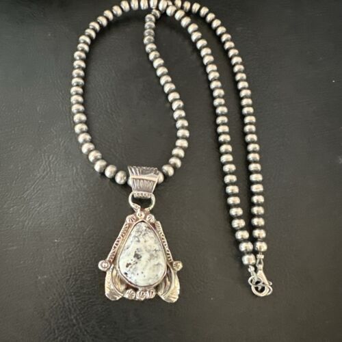 Men's White Buffalo Turquoise Pendant Necklace | Navajo Pearls | Sterling Silver | Native American Handmade | 17330