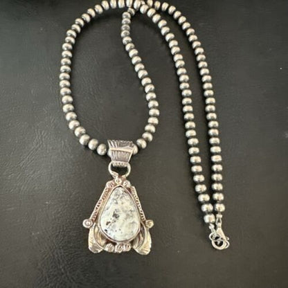 Men's White Buffalo Turquoise Pendant Necklace | Navajo Pearls | Sterling Silver | Native American Handmade | 17330