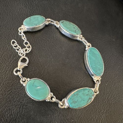 Navajo Blue Turquoise Link Bracelet | Sterling Silver | 8" | Authentic Native American Handmade | 15469