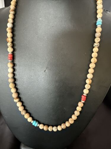 Navajo Turquoise Coral Picture Jasper Necklace | Sterling Silver | 20" | Authentic Native American Handmade | 17608