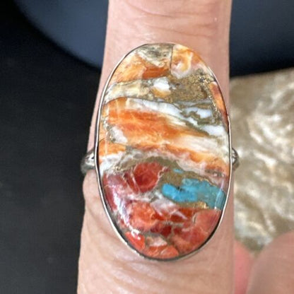 Navajo Turquoise Spiny Oyster Ring | Sterling Silver | Sz 8 | Authentic Native American Handmade | 16615 - Masha USA