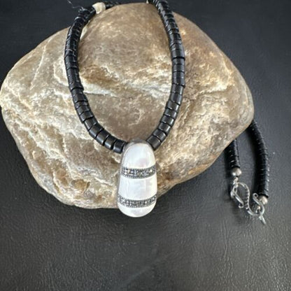 Navajo Mother of Pearl & Onyx Heishi Necklace | Sterling Silver | Authentic Native American Handmade | 18" | 15264
