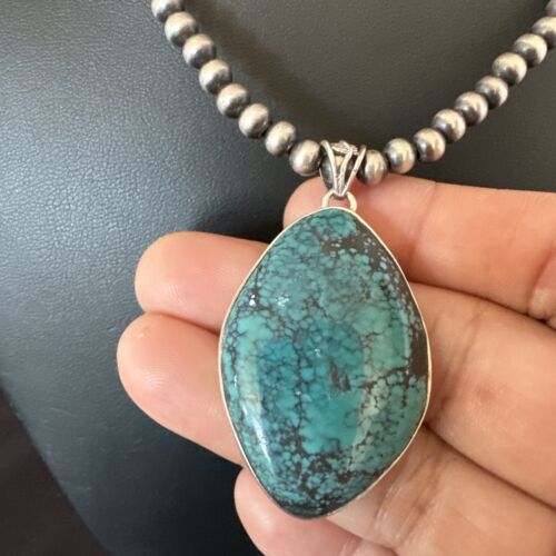 Men's Navajo Blue Spiderweb Turquoise Pendant Necklace | Sterling Silver | Authentic Native American Handmade | 16271