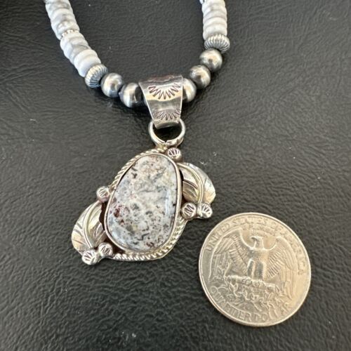 Navajo White Buffalo Turquoise Pendant Necklace | Sterling Silver | Authentic Native American Handmade | 17336