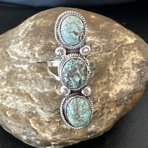 Womens Blue Spiderweb Turquoise 3 Stone Navajo Sterling Silver Ring Size 10 16709