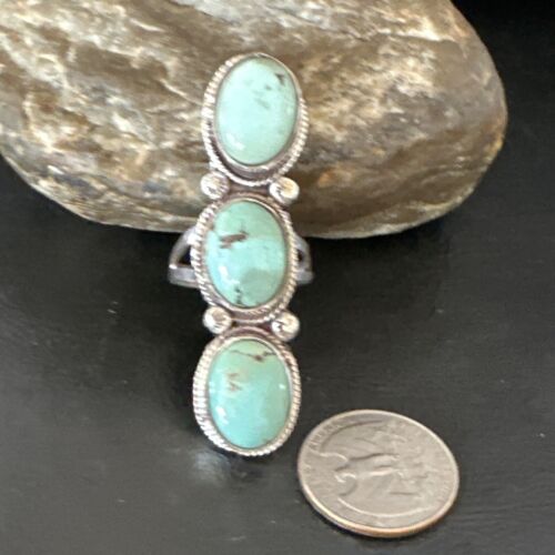 Navajo Blue Dry Creek Turquoise 3-Stone Ring | Authentic Native American Sterling Silver | Multi-Stone | Sz 11 | 16734