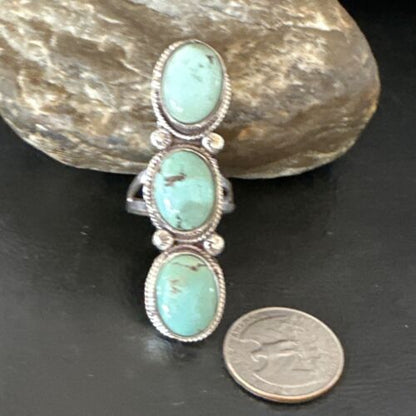 Navajo Blue Dry Creek Turquoise 3-Stone Ring | Authentic Native American Sterling Silver | Multi-Stone | Sz 11 | 16734
