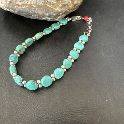 Navajo Blue Turquoise Bead Bracelet | Sterling Silver Link | 8" | Authentic Native American Jewelry | 17235