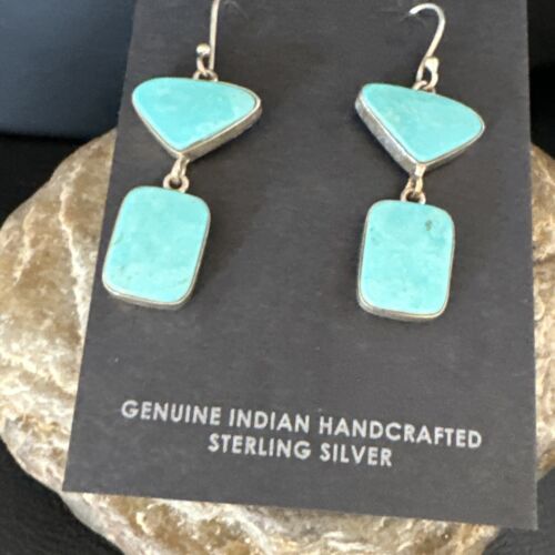 Navajo Blue Kingman Turquoise Dangle Earrings | Sterling Silver | Authentic Native American Handmade | 15121