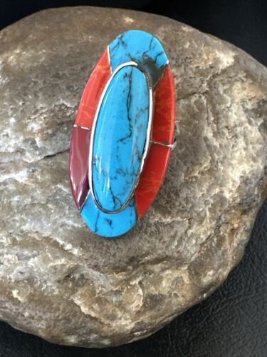 Native American Navajo Blue Turquoise Spiny Oyster Inlay Band Ring | Sz 9 | 16431