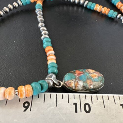 Navajo Spiny Turquoise Pendant Necklace | Sterling Silver | 22" | Authentic Native American Handmade | 17429