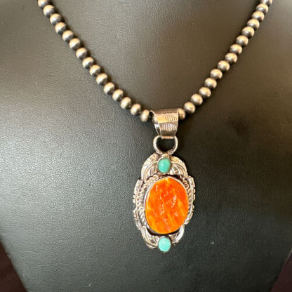 Navajo Spiny Oyster | Blue Turquoise Pendant Necklace | Sterling Silver | Native American Handmade | 16458