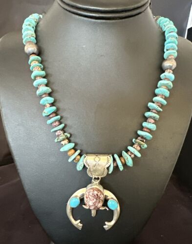 Navajo Sterling Silver Turquoise Wild Horse Naja Necklace Pendant | Authentic Native American Handmade | 16812