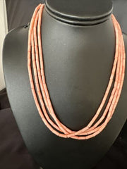 Pink Coral Tube Heishi Bead Necklace | 4 Strand Navajo Sterling Silver | 18" | 15279