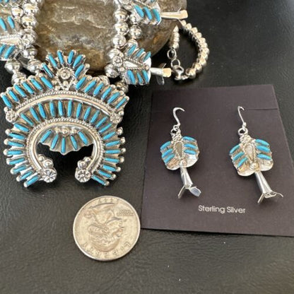 Zuni Turquoise Squash Blossom Necklace with Naja Earrings | Sterling Silver | Native American Handmade | 16541