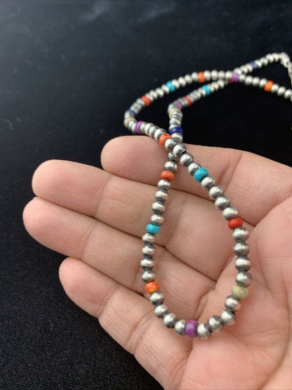 Native American Navajo Pearls Necklace | 4mm Sterling Silver Beads | 16" | Single Strand | 10870