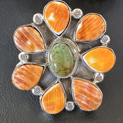 Navajo Green Turquoise Spiny Multi-Stone Cluster Ring | Authentic Native American Sterling Silver | Sz 10.5 | 16717 - Masha USA