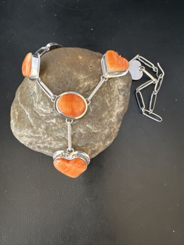 Navajo Lariat Necklace with Orange Spiny Oyster Earrings | Sterling Silver Pendant | 19" | Authentic Native American Handmade | 14955