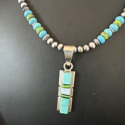 Navajo Green Gaspeite Turquoise Inlay Pendant Necklace | Sterling Silver | Authentic Native American Handmade | 16013