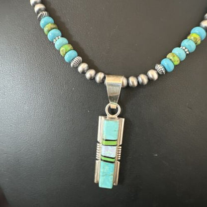 Navajo Green Gaspeite Turquoise Inlay Pendant Necklace | Sterling Silver | Authentic Native American Handmade | 16013