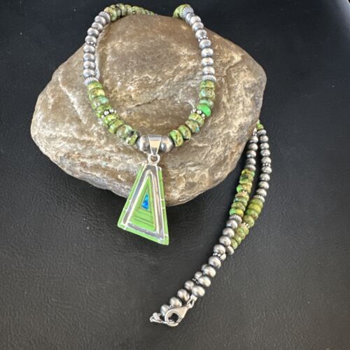 Navajo Green Gaspeite Turquoise Pendant Necklace | Sterling Silver | Native American Handmade | 15426