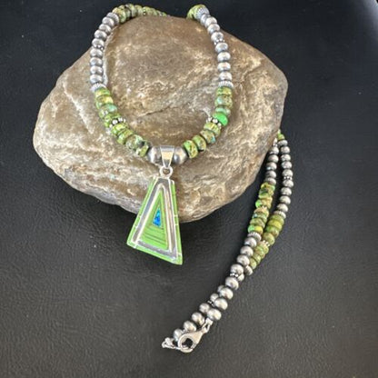 Navajo Green Gaspeite Turquoise Pendant Necklace | Sterling Silver | Native American Handmade | 15426