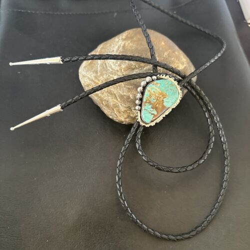 Men's Blue Turquoise #8 Bolo Tie | Navajo Sterling Silver | Authentic Native American Handmade | 16810
