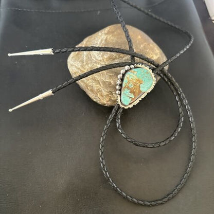 Men's Blue Turquoise #8 Bolo Tie | Navajo Sterling Silver | Authentic Native American Handmade | 16810