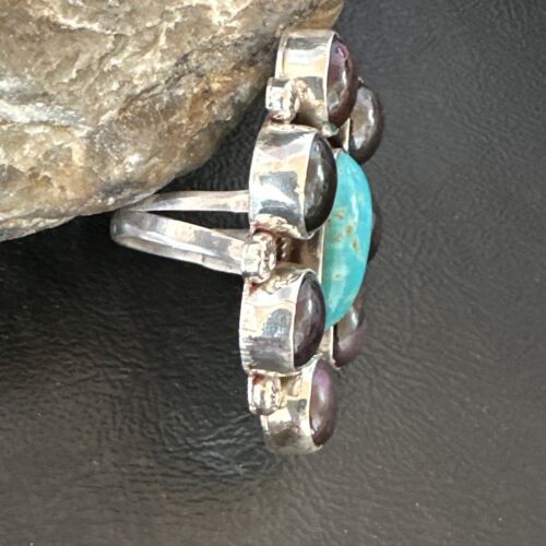 Navajo Blue Kingman Turquoise and Sugilite Cluster Ring | Authentic Native American Sterling Silver | Multi-Stone | Sz 9.5 | 16771