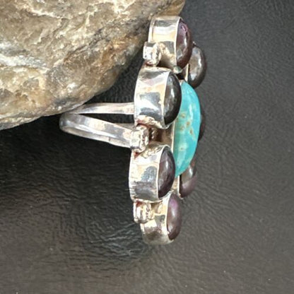 Navajo Blue Kingman Turquoise and Sugilite Cluster Ring | Authentic Native American Sterling Silver | Multi-Stone | Sz 9.5 | 16771