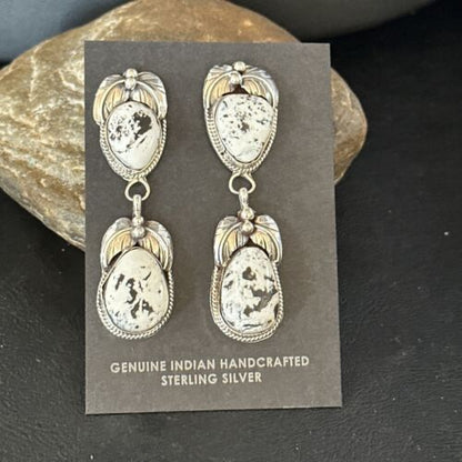 Navajo White Buffalo Turquoise Dangle Earrings | Sterling Silver | 2.5" | Authentic Native American Handmade | 14741