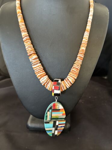 Santo Domingo Multi-Color Spiny Inlay Pendant Necklace | Sterling Silver | 32" | 16855