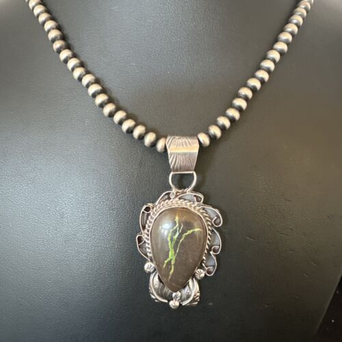 Navajo Green Boulder Turquoise Pendant Necklace | Sterling Silver | Men's Women's | 16135